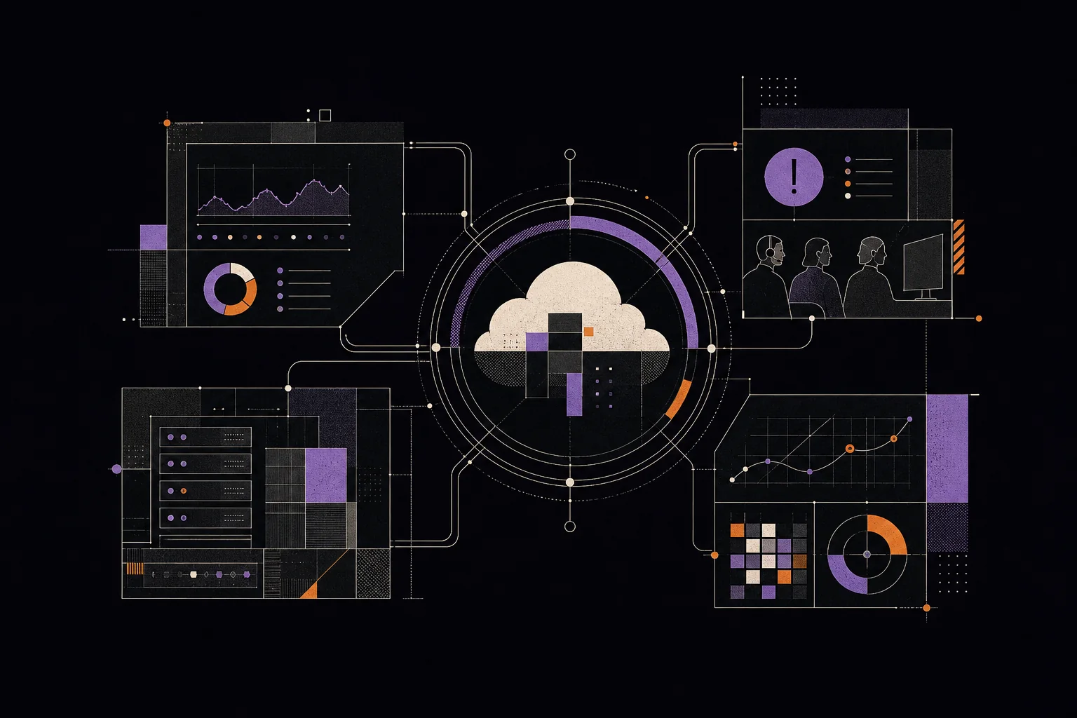 An editorial systems diagram connecting cloud monitoring, incident response, infrastructure, and optimization.